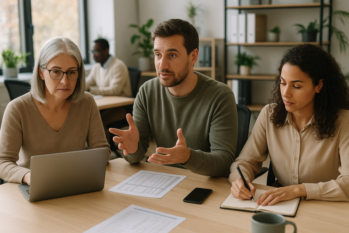 Irodai megbeszélés fizetett és fizetés nélküli szabadságról dolgozókkal.