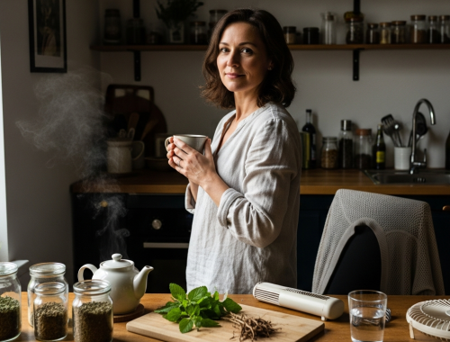 változókori hőhullám megoldása: nő kortyol gyógynövényes teát a konyhában