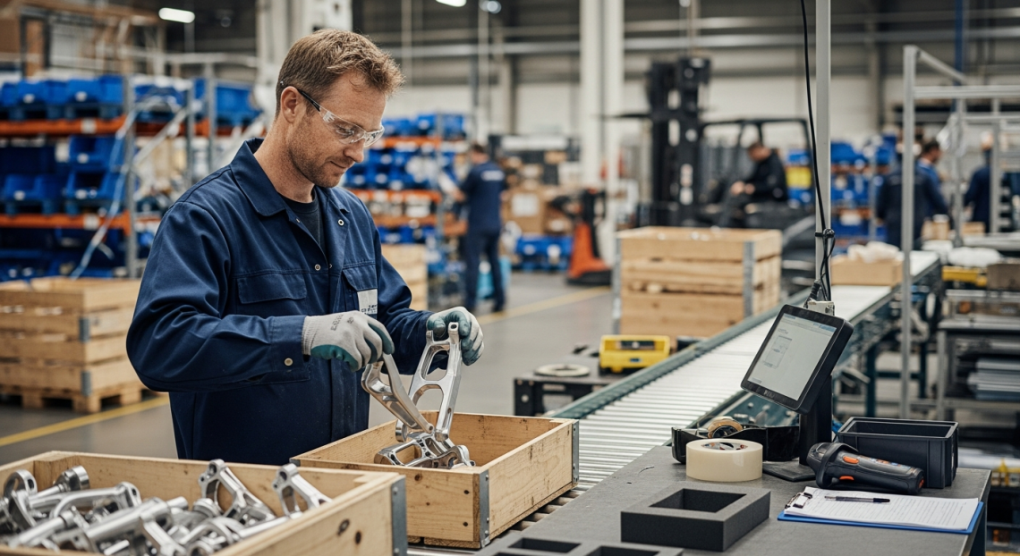 Gyári munkás alkatrészek ládába helyezése közben modern tószegi üzemben