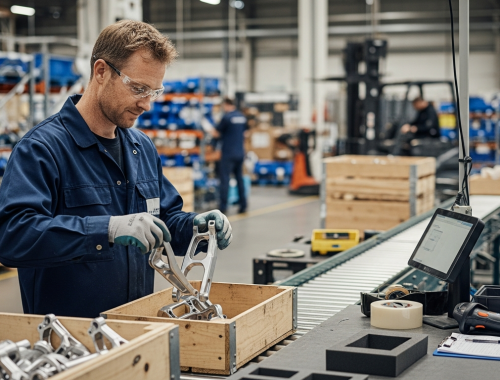 Gyári munkás alkatrészek ládába helyezése közben modern tószegi üzemben