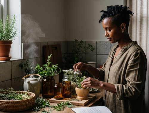 Etiopiai nő konyhában a gyógynövények elrendezését végzi.