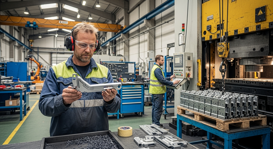 Munkás ellenőrzi alkatrészt a hidegen préselt lemezalakítás műhelyében