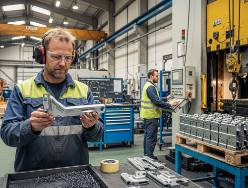 Munkás ellenőrzi alkatrészt a hidegen préselt lemezalakítás műhelyében