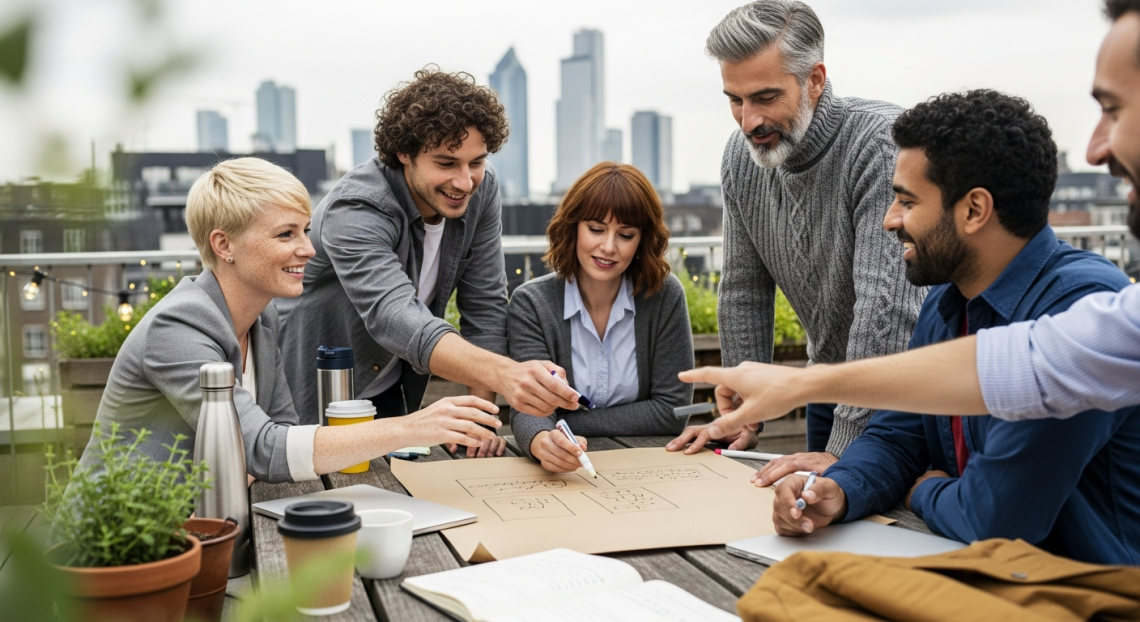 közösségépítő programok: kollégák teraszon ötletelnek kraft papíron