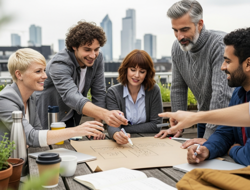 közösségépítő programok: kollégák teraszon ötletelnek kraft papíron