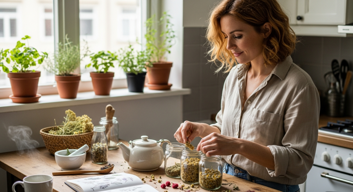 Gyógynövényes támogatás: nő szárított cickafarkot, málnalevelet, kamillát üvegekbe