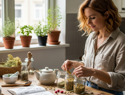 Gyógynövényes támogatás: nő szárított cickafarkot, málnalevelet, kamillát üvegekbe