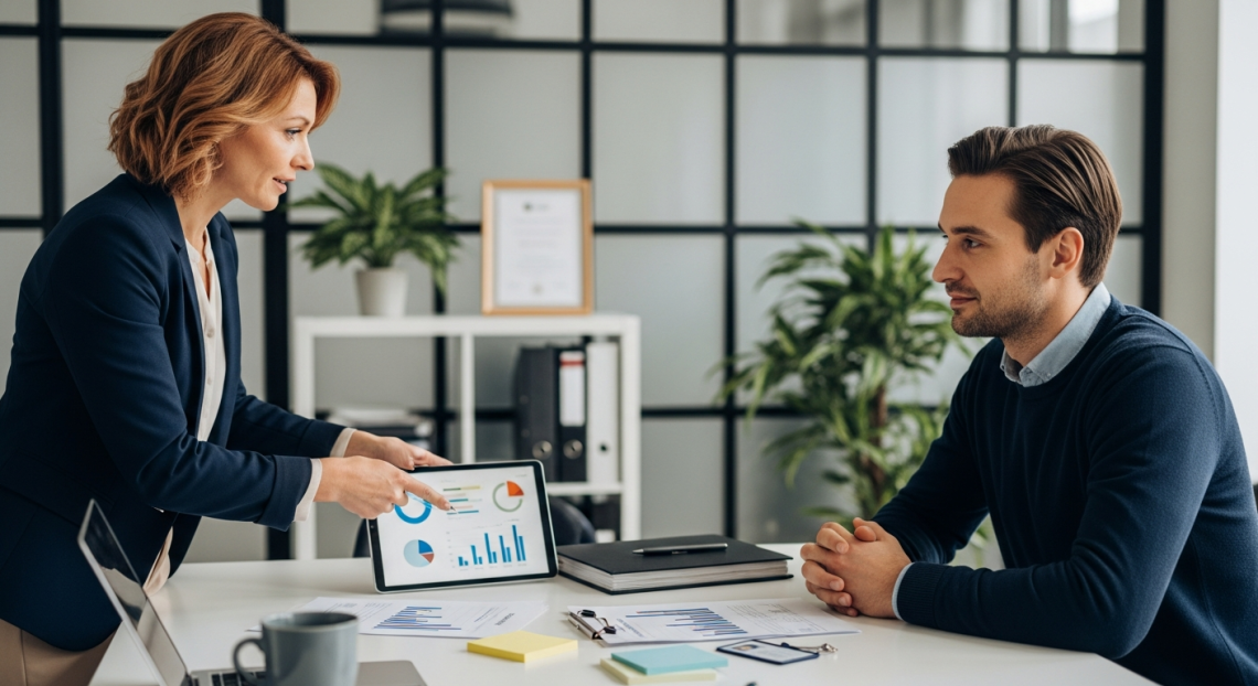minősített munkaerő-kölcsönző cégek előnyei: tanácsadó és ügyfél megbeszélése
