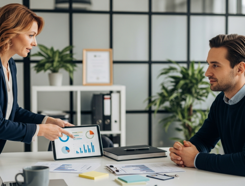 minősített munkaerő-kölcsönző cégek előnyei: tanácsadó és ügyfél megbeszélése