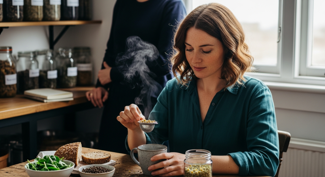 okok: nő gyógynövényes teát készít erős menstruáció támogatására