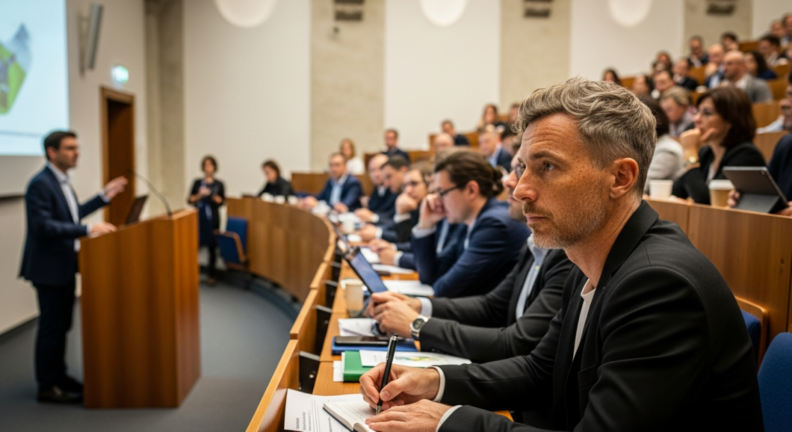 városfejlesztési szakmai fórum, jegyzetelő urbanista zsúfolt egyetemi előadóteremben